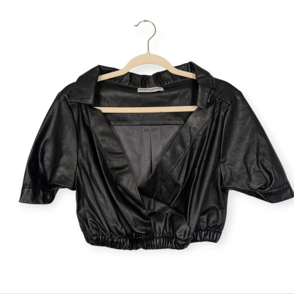 Nonchalant the Label Black Faux Leather Kate Crop Blouse Size L